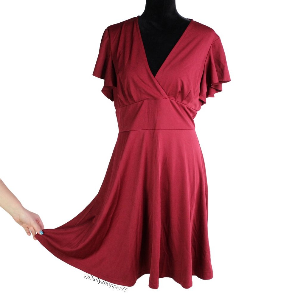 Fashion Women's Burgundy Faux Wrap Flutter Sleeve Fit & Flare Dress